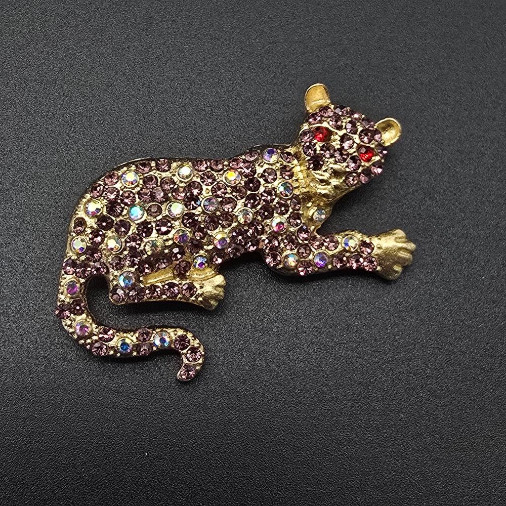 Purple Rhinestone Panther Leopard Brooch Big Cat Red Eyes